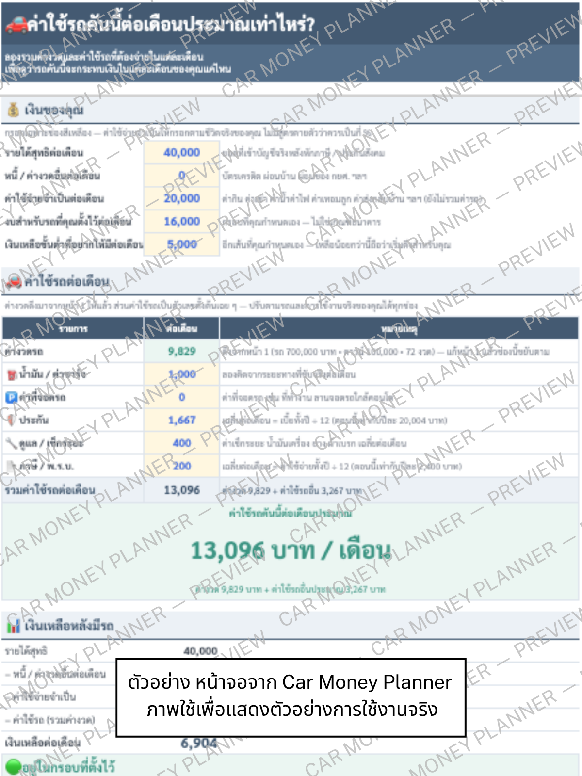 รูปตัวอย่าง Google Sheets · 03 · รถคันนี้จะใช้เงินคุณเดือนละเท่าไหร่?