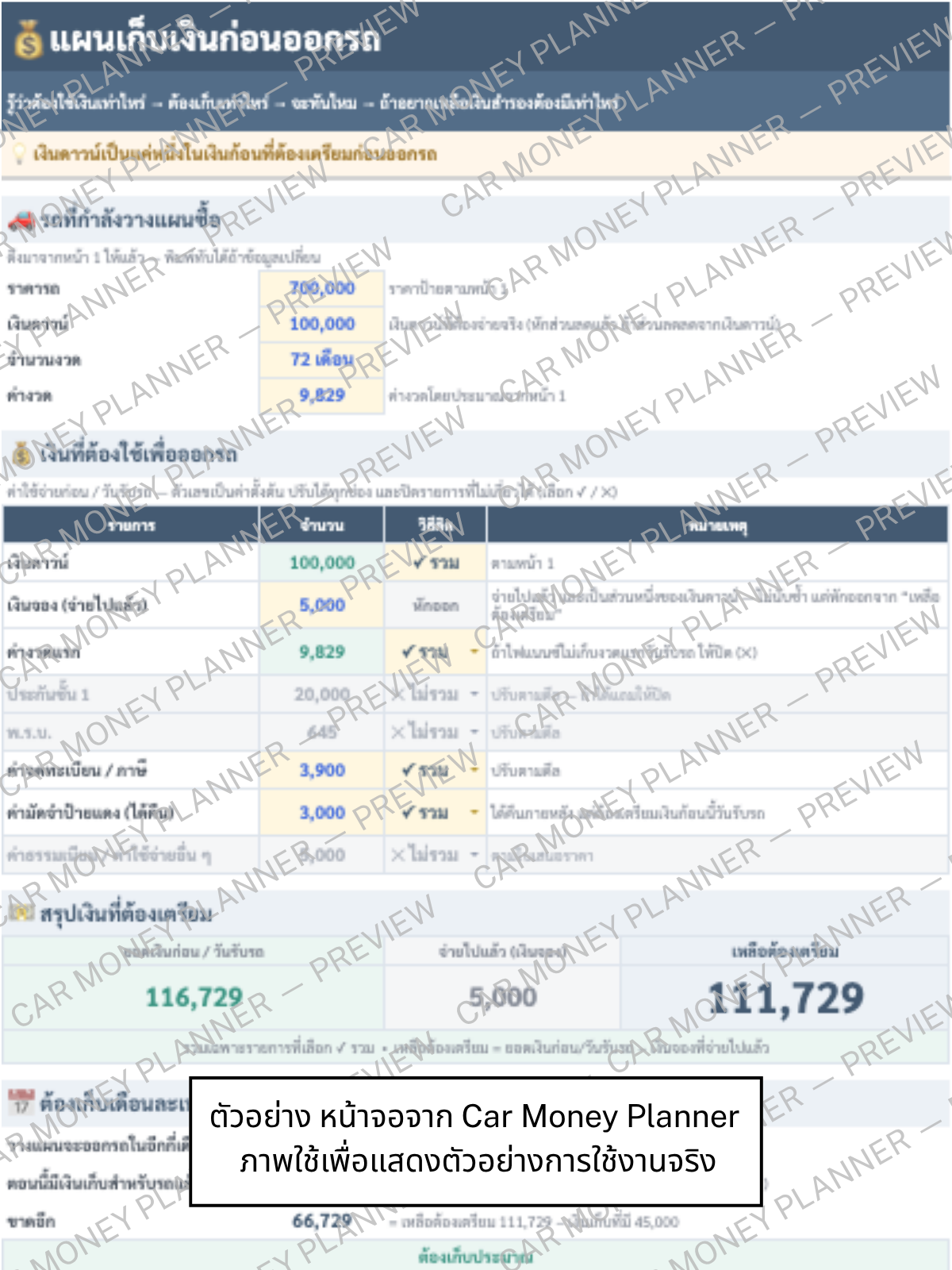 รูปตัวอย่าง Google Sheets · 04 · แผนเก็บเงินก่อนออกรถ